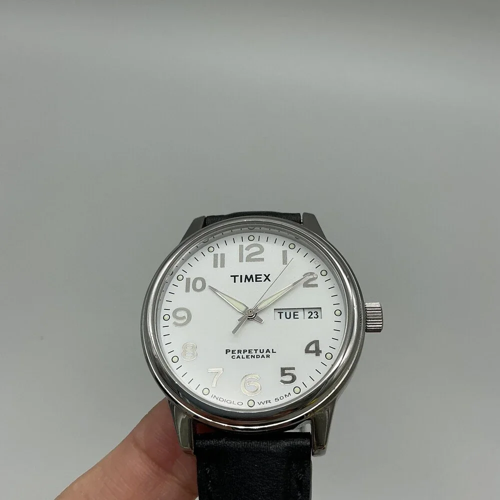 Timex Perpetual Calendar Mens Watch 37mm Silver Tone Leather Indiglo New Batt